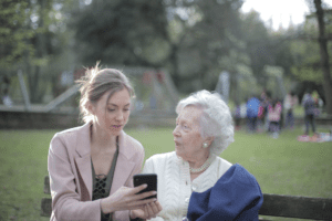 a caregiver with an elderly woman.